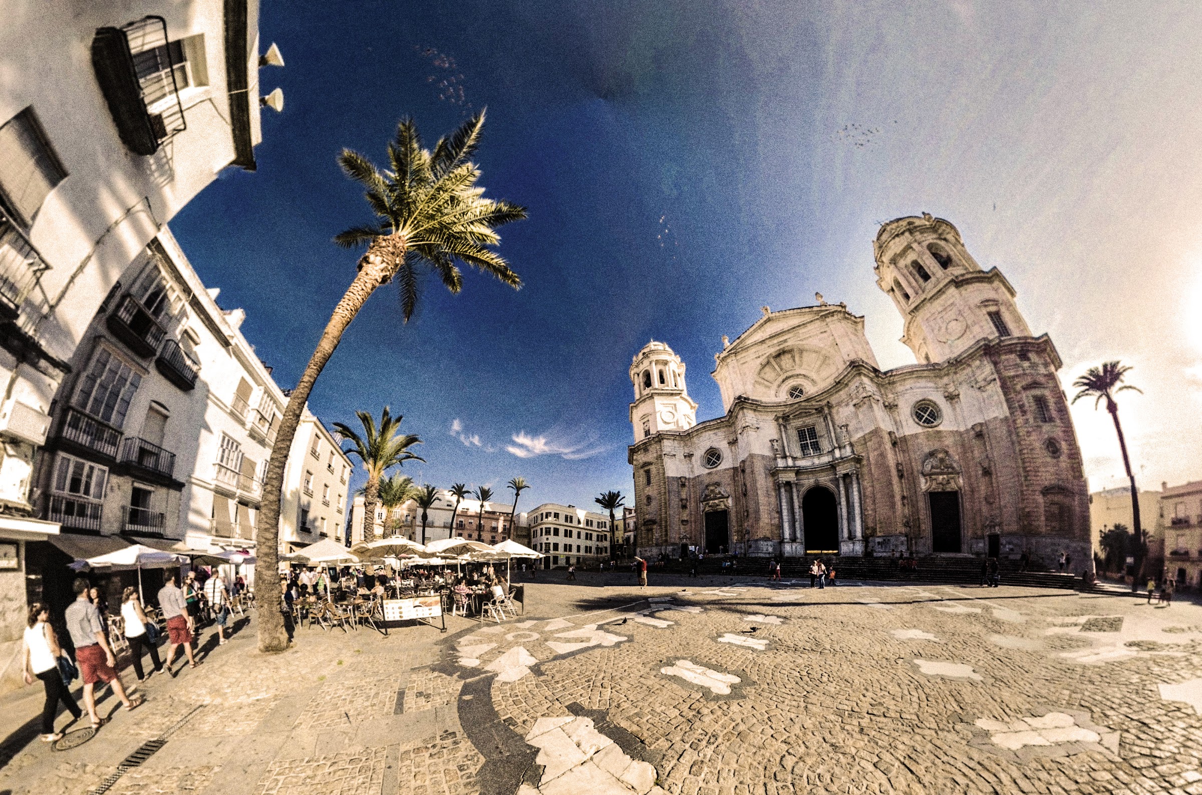 Wide-angle photograph of Cádiz Cathedral and its cobbled plaza under a deep blue sky, with palm trees and café terraces
