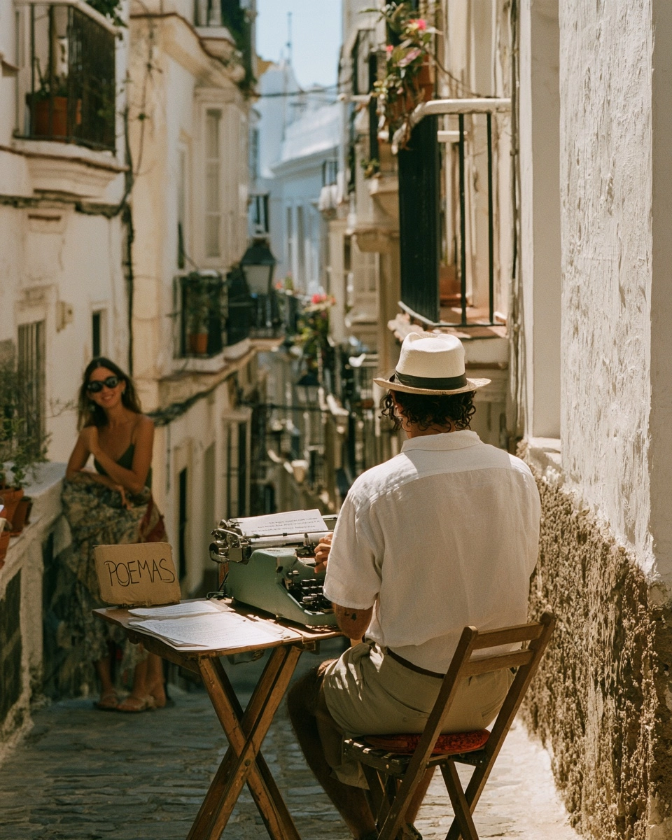A street poet in a straw hat types poems on a vintage typewriter in a whitewashed street of Cádiz while a stranger waits